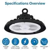 Specifications overview of the 150W LED UFO high bay light featuring 5000K daylight, 120-277V AC, 0-10V dimming, and a 120° beam angle.