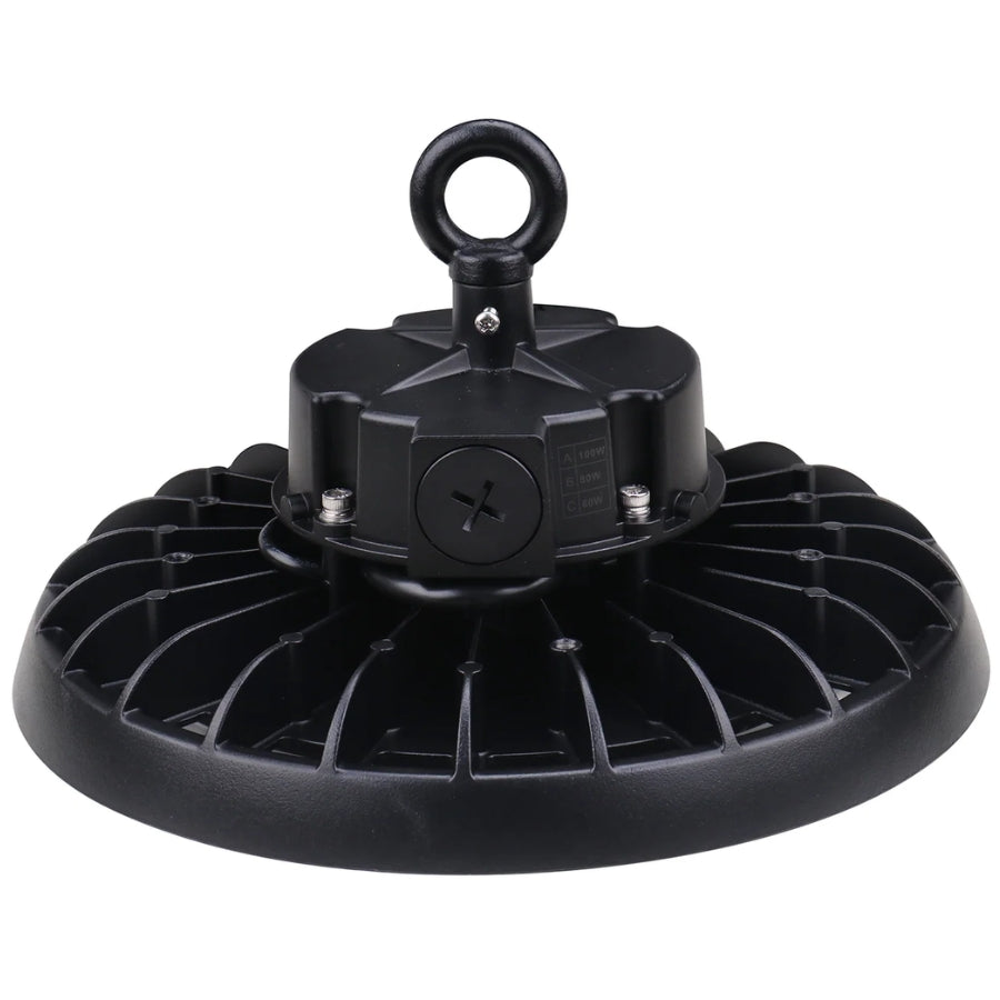 Top view of the 150W LED UFO high bay light showing the integrated aluminum heat sink and eye hook mounting for efficient heat dissipation.