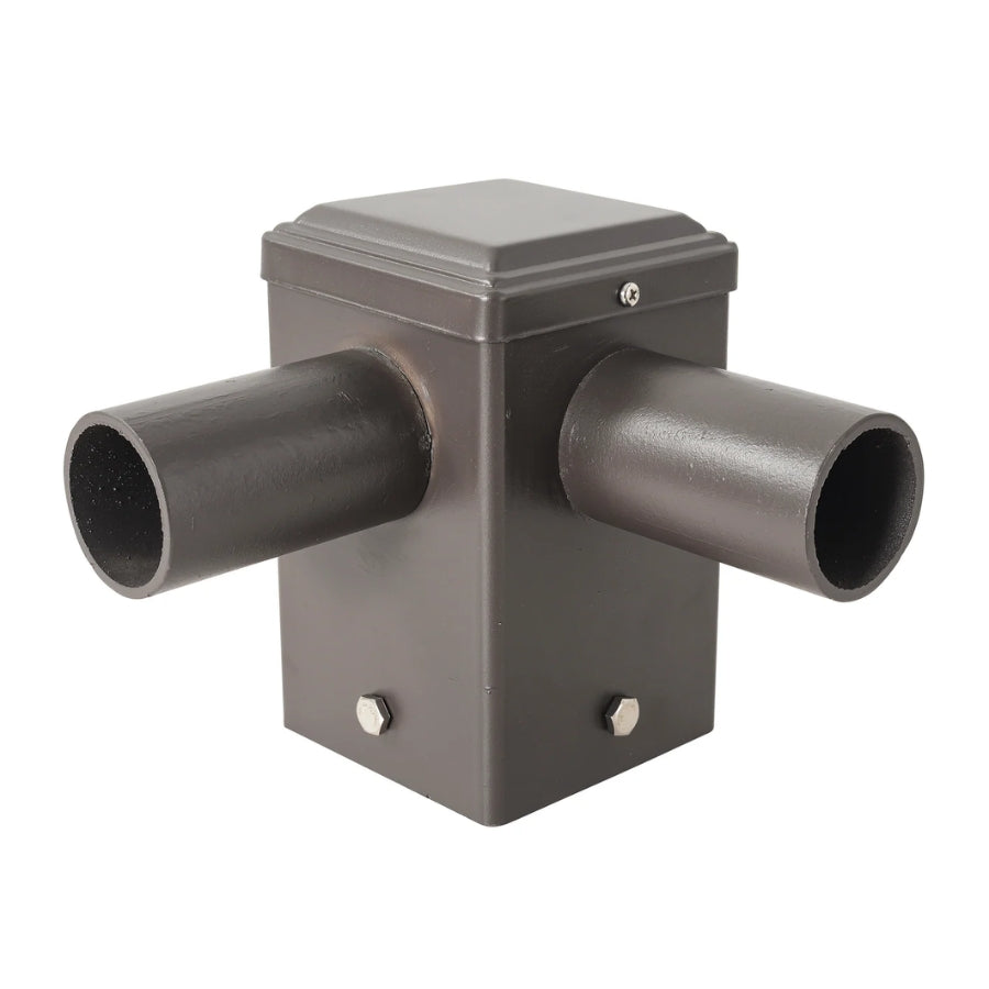 4-Inch Square Pole Tenon Adapter with Dual 90° Horizontal 2-3/8" O.D. Tenons, Heavy-Duty Steel Pole Top Mount, Dark Bronze Finish for LED Parking Lot, Shoebox, Flood, Street & Area Lights