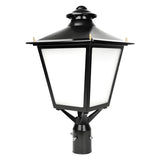 80W/100W/120W Selectable Lantern Post Top LED Light, 3CCT 3000K/4000K/5000K, 120 lm/W, 120-277V AC, 0-10V Dimmable, 120° Beam Angle, UL/cUL & DLC Listed, IP65, Black Die-Cast Aluminum Housing, Slip-Fit Mount, 5-Year Warranty