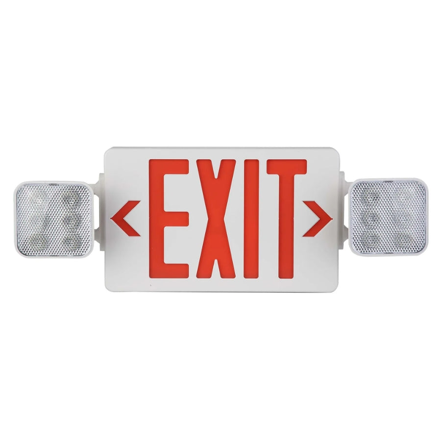 LED Combo Emergency Exit Sign with Dual Adjustable Emergency Lights | 120/277V | 90-Minute Battery Backup | Wall & Ceiling Mount | White Housing