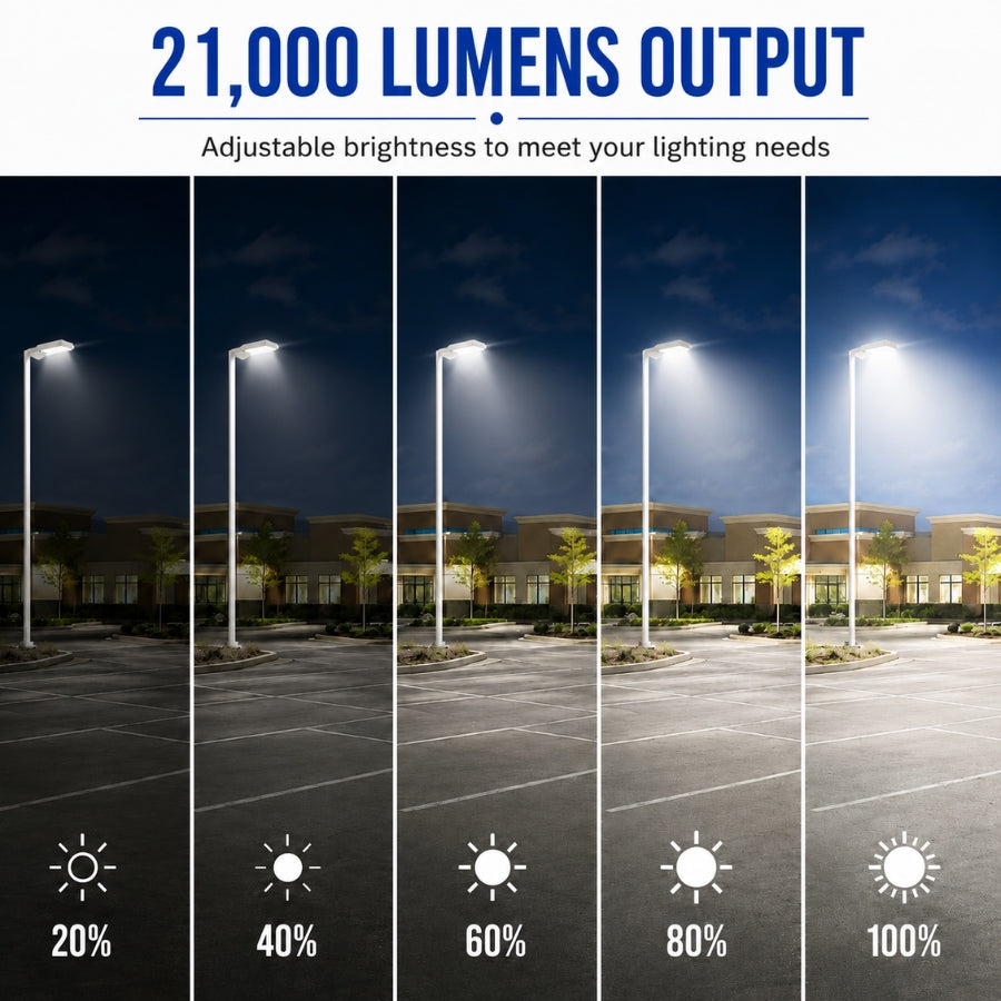 High-output 150W LED area light producing 21,000 lumens with 0-10V dimming and 120-277V compatibility for parking lots and commercial properties.