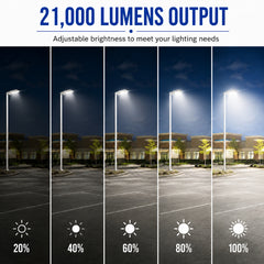High-output 150W LED area light producing 21,000 lumens with 0-10V dimming and 120-277V compatibility for parking lots and commercial properties.
