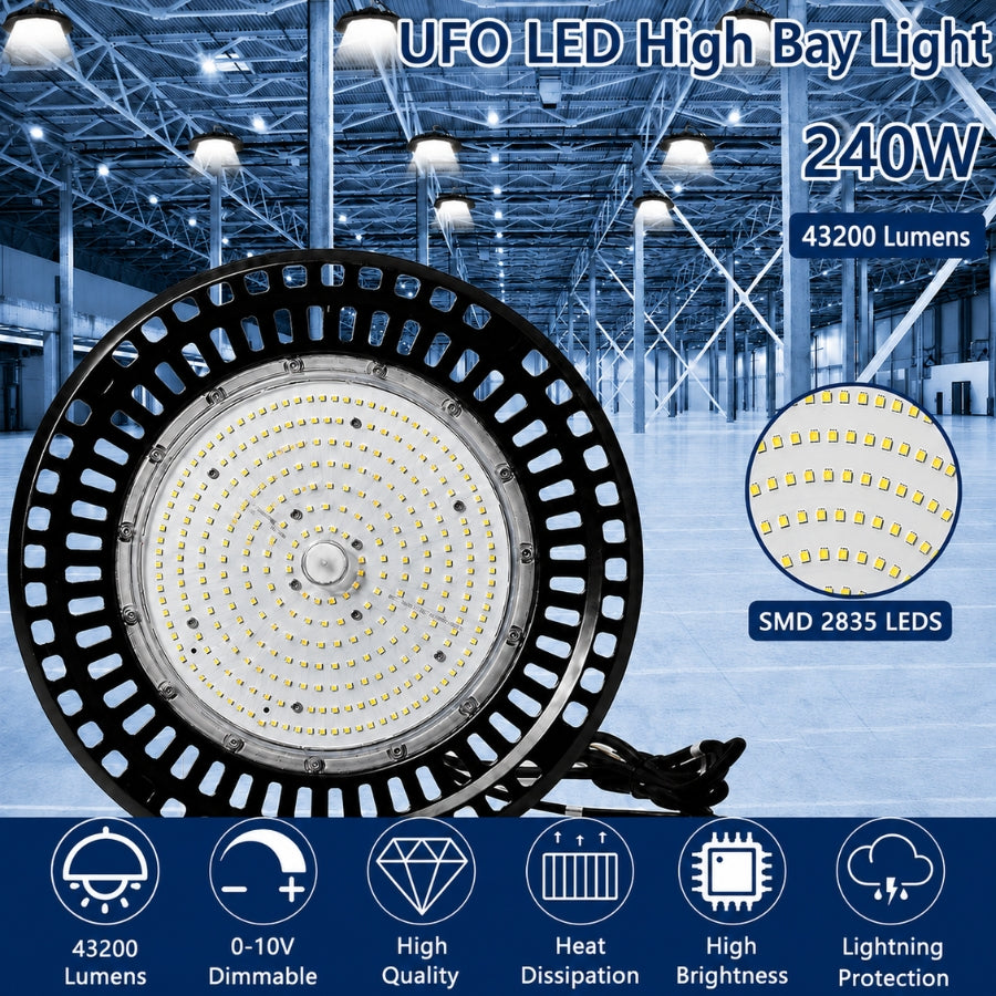 Feature overview of the 240W UFO LED high bay light with 43,200 lumens, SMD 2835 LEDs, 0-10V dimming, high heat dissipation, and lightning protection.
