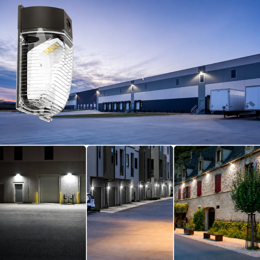 Applications for the 26W LED Mini Wall Pack including warehouses, loading docks, building entrances, commercial facilities, parking areas, apartments, and security lighting.