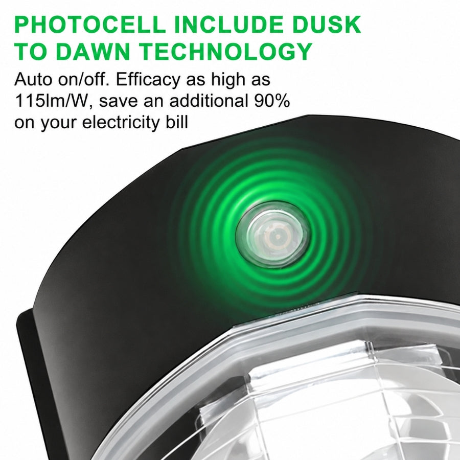 Close-up of the built-in dusk-to-dawn photocell on the 26W LED Mini Wall Pack for automatic on/off operation and energy-saving outdoor lighting.