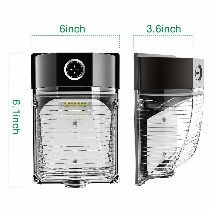 Dimension diagram of the 26W LED Mini Wall Pack measuring approximately 9.1 inches high, 6 inches wide, and 3.6 inches deep for compact outdoor wall mounting.