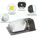 Feature overview of the 26W LED Mini Wall Pack highlighting high-performance LED chips, engineering-grade polycarbonate lens, die-cast aluminum housing, and integrated photocell sensor.