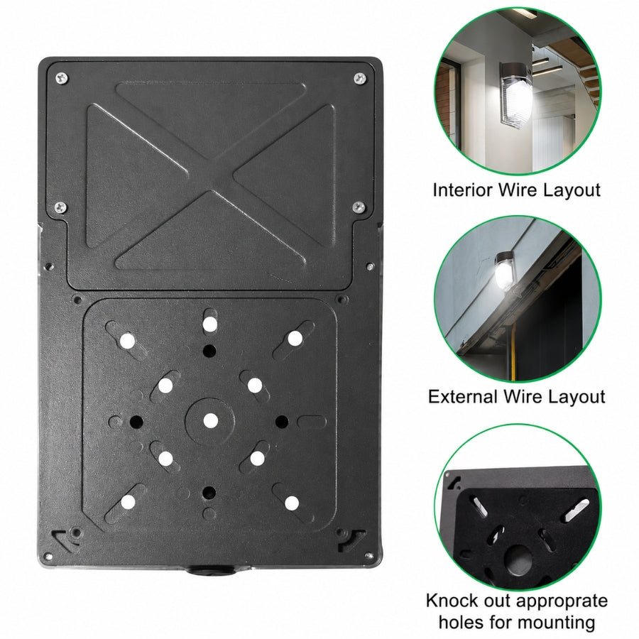 Rear view of the 26W LED Mini Wall Pack showing the universal mounting plate, knockouts, and wiring options for quick wall installation.