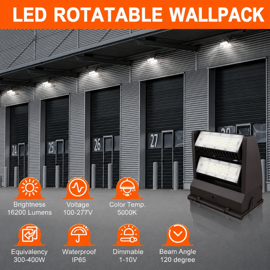 120W Rotatable LED Wall Pack | 16,200 Lumens | 350° Adjustable Optics | 120-277V | DLC Premium