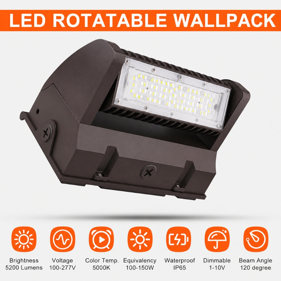 40W Rotatable LED Wall Pack | 5,400 Lumens | 350° Adjustable Optics | 120-277V | DLC Premium