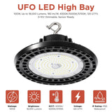 Sensor Ready 100W UFO LED High Bay Light, 300W MH Equivalent, Up to 18,000 Lumens, 180 lm/W, 3CCT Selectable 4000K/5000K/5700K, 120-277V, 0-10V Dimmable, 120° Beam Angle, Black Housing