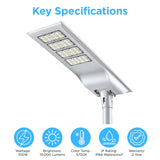 100W Solar LED Street Light, 10,000 Lumens, 5700K Daylight, 250W Metal Halide Equivalent, All-in-One Outdoor Solar Parking Lot Light, IP66 Waterproof, Motion Sensor, Dusk-to-Dawn, Adjustable Mount, Grey Housing