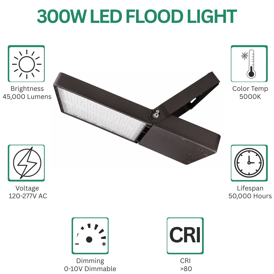 240W/300W Selectable LED Flood Light, Up to 42,000 Lumens, 5000K Daylight White, 120-277V, Photocell Ready, 1,000W/1,500W Metal Halide Equivalent, 0-10V Dimmable, IP65 Waterproof, UL & DLC Certified, 5-Year Warranty