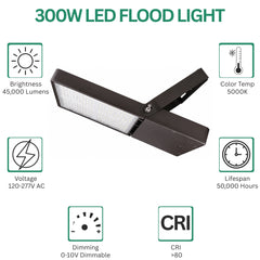 240W/300W Selectable LED Flood Light, Up to 42,000 Lumens, 5000K Daylight White, 120-277V, Photocell Ready, 1,000W/1,500W Metal Halide Equivalent, 0-10V Dimmable, IP65 Waterproof, UL & DLC Certified, 5-Year Warranty