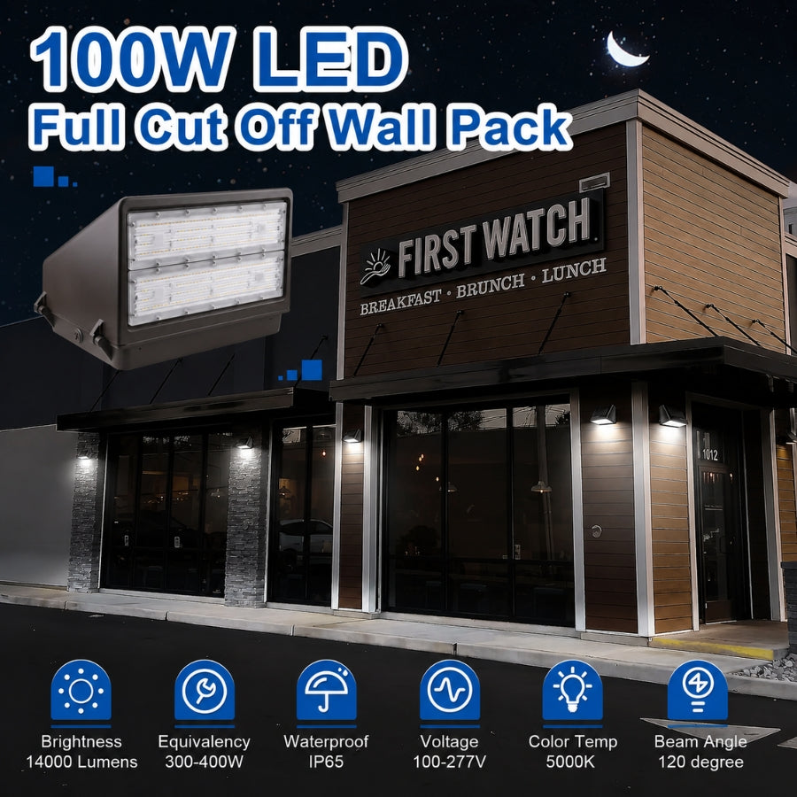 100W Full Cutoff LED Wall Pack | 14,000 Lumens | Photocell Included | 3000K/4000K/5000K | 120-277V | DLC Premium