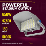 650W LED Stadium Light, 97,500 Lumens, 150 LM/W, 5000K Daylight, 277-480V, 50° Beam Angle, 1000-1500W Metal Halide Equivalent, Silver High Mast Sports Flood Light, UL & DLC 5.1 Certified, 5-Year Warranty