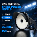 300W/400W/500W Selectable LED Sports Flood Light, Up to 75,000 Lumens, 5000K Daylight White, 100-277V, Tunable 30°/40°/60° NEMA 4 Beam Distribution, 0-10V Dimmable, IP65 Waterproof, Brown Housing, Commercial Outdoor Stadium & Area Light, 5-Year Warranty