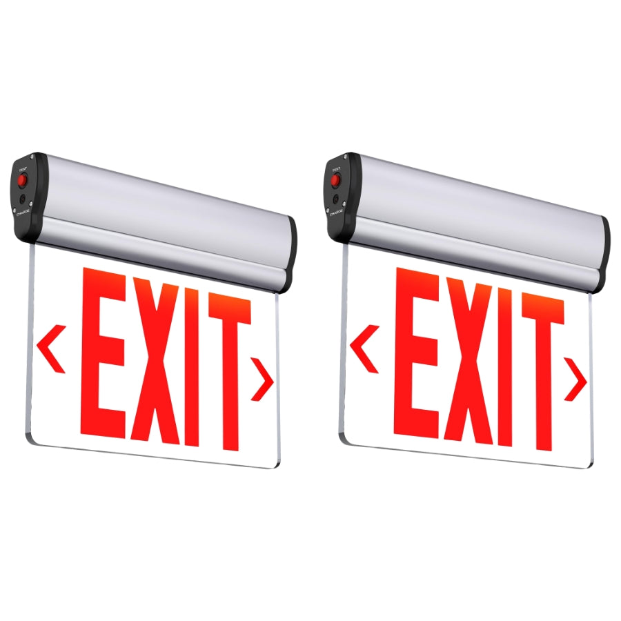 Two emergency exit signs with red 'EXIT' lettering on a white panel, mounted on silver and black roller housings, shown on a plain white background.