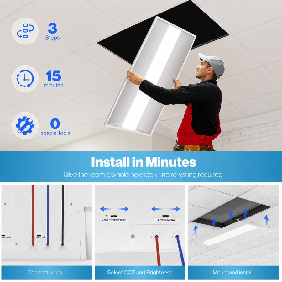 Person installing a ceiling light fixture with installation steps displayed.