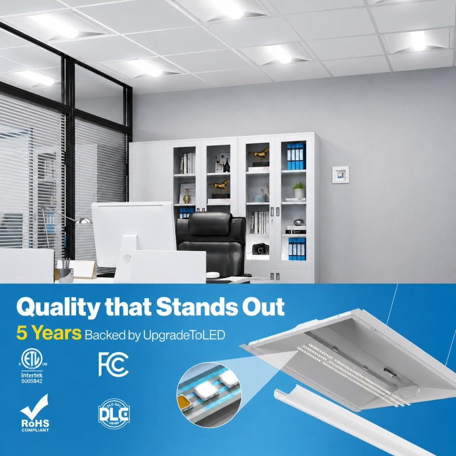 Modern office interior with ceiling lights and a promotional banner for LED quality.