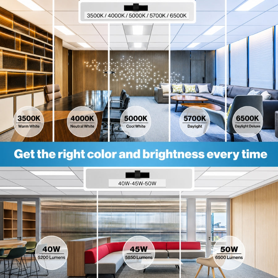 Comparison of office interior lighting with color temperature and brightness labels.