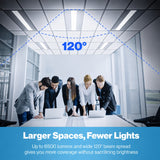 Group of people in a modern office looking at laptops with text about lighting coverage.