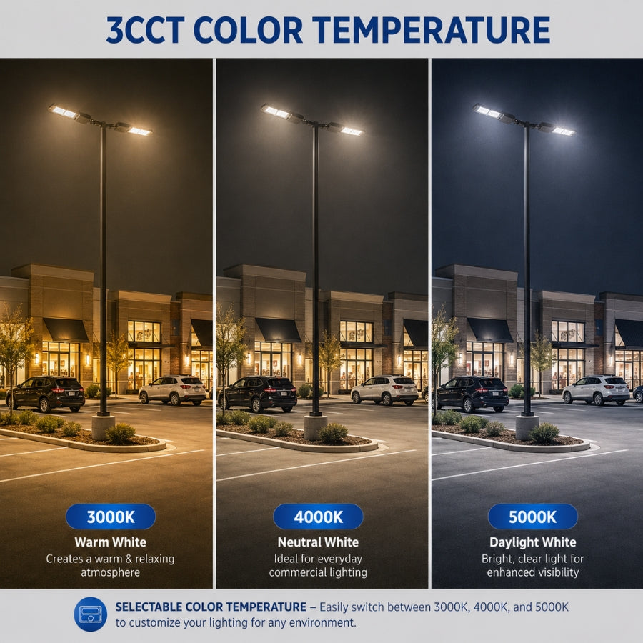 A comparison graphic showing the street light at three selectable color temperatures: 3000K warm white, 4000K neutral white, and 5000K daylight white.
