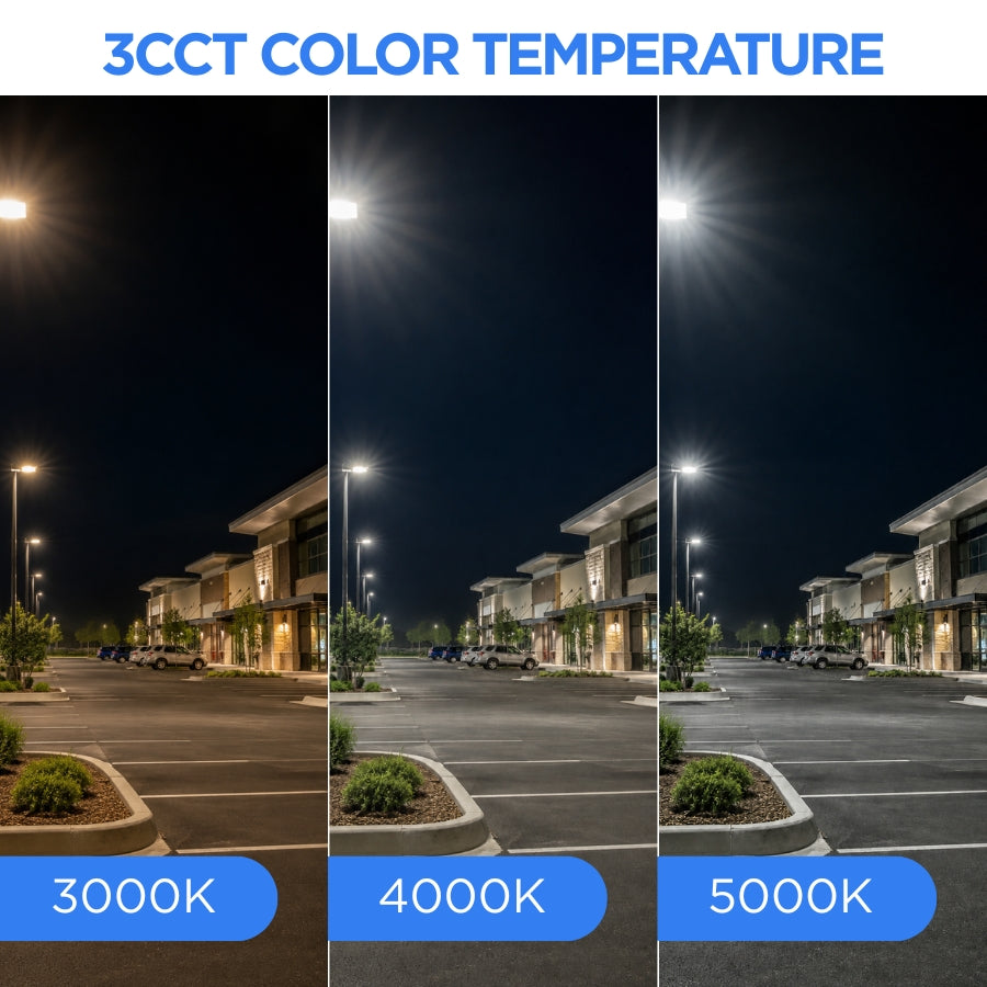 Comparison of 3000K warm white, 4000K neutral white, and 5000K daylight color temperatures produced by the UpgradeToLED 3CCT tunable LED shoebox parking lot light.