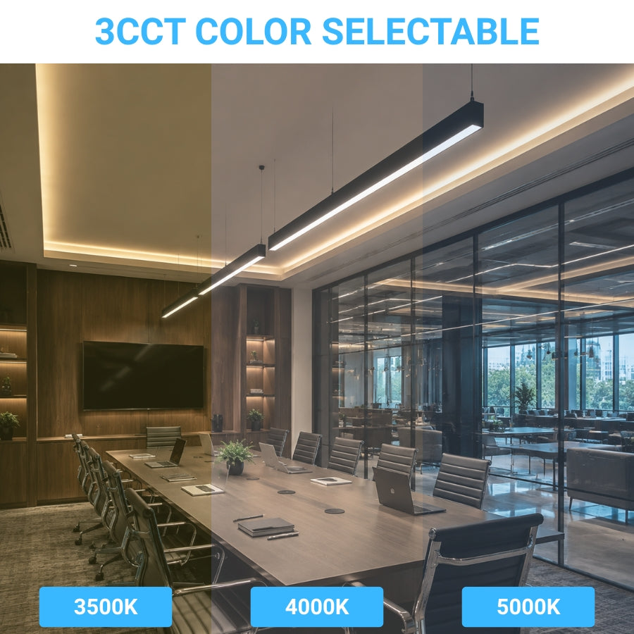 Black LED linear light showing 3CCT selectable color temperatures including 3500K warm white, 4000K natural white, and 5000K daylight
