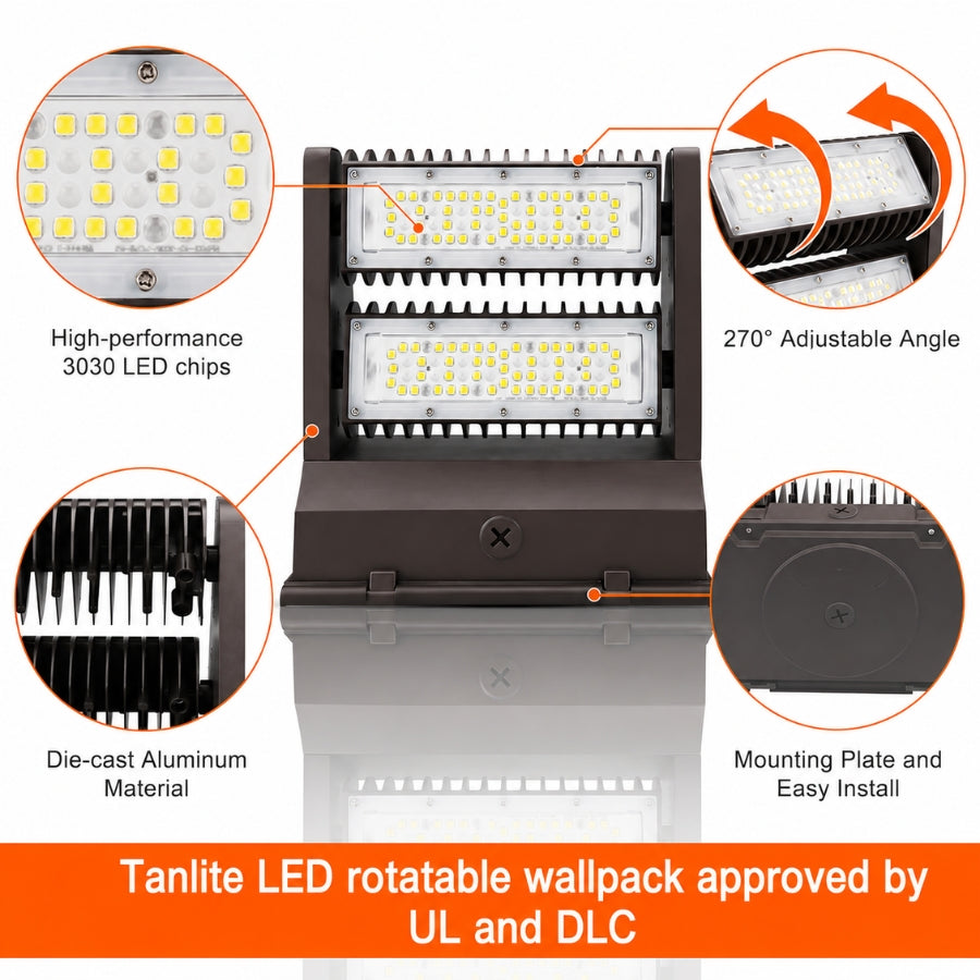 120W Rotatable LED Wall Pack | 16,200 Lumens | 350° Adjustable Optics | 120-277V | DLC Premium