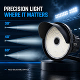 300W/400W/500W Selectable LED Sports Flood Light, Up to 75,000 Lumens, 5000K Daylight White, 100-277V, Tunable 30°/40°/60° NEMA 4 Beam Distribution, 0-10V Dimmable, IP65 Waterproof, Brown Housing, Commercial Outdoor Stadium & Area Light, 5-Year Warranty