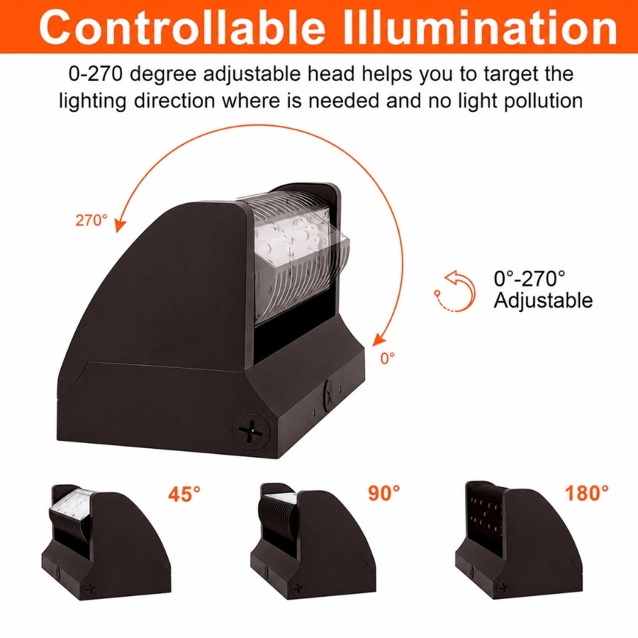 Adjustable head demonstration of the 40W Rotatable LED Wall Pack with 0° to 270° rotation for directing light exactly where needed while reducing unwanted light spill.