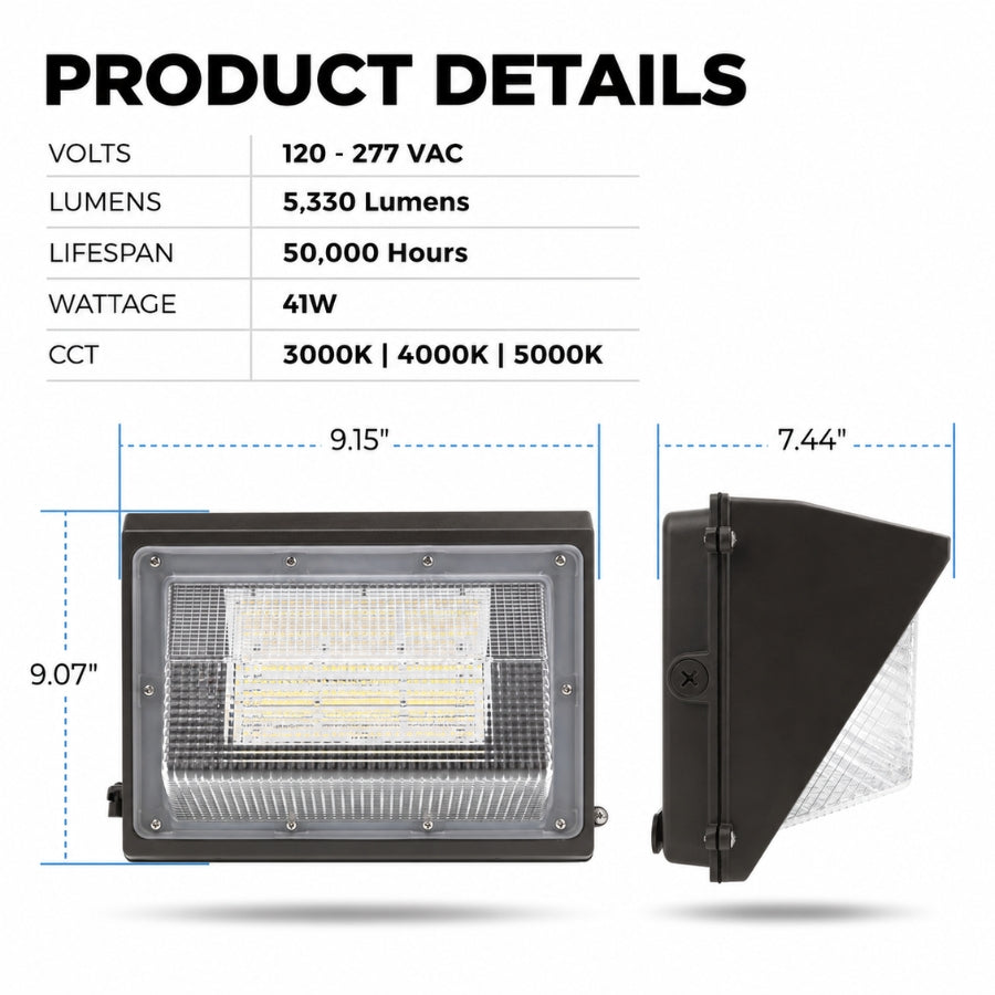 Product specifications and dimensions for the 41W Semi Cutoff LED Wall Pack featuring 5,330 lumens, 120-277V input, selectable CCT, and 50,000-hour lifespan.