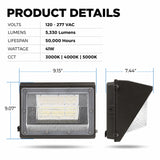 Product specifications and dimensions for the 41W Semi Cutoff LED Wall Pack featuring 5,330 lumens, 120-277V input, selectable CCT, and 50,000-hour lifespan.