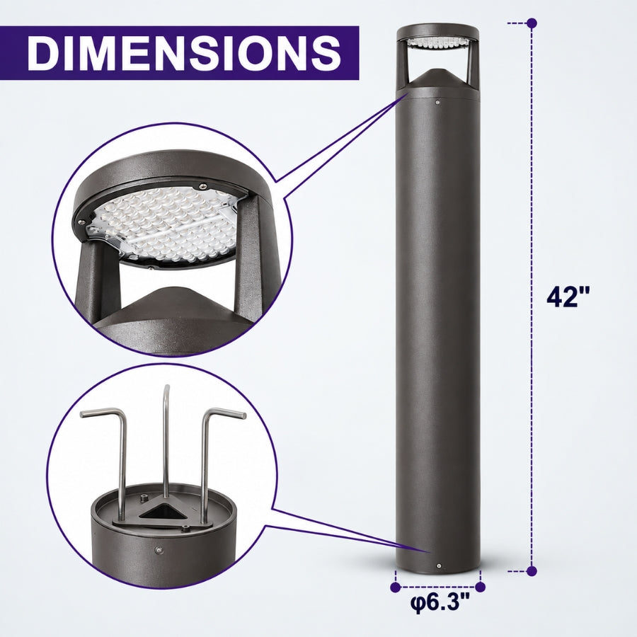 42-inch LED bollard light with 6.3-inch diameter dimensions and detailed top LED module and mounting base views