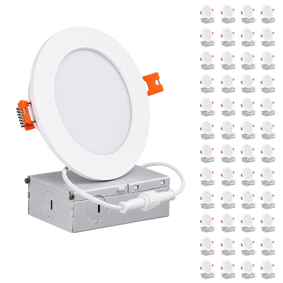 A white recessed LED downlight shown with its metal junction box and wiring connector, alongside a grid of smaller repeated views of the same product on a plain white background.
