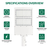 Feature overview of 300W LED parking lot light with 42,000 lumens, Type III & Type V optics, and 277-480V voltage range.