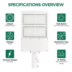 Feature overview of 300W LED parking lot light with 42,000 lumens, Type III & Type V optics, and 277-480V voltage range.