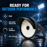 300W/400W/500W Selectable LED Sports Flood Light, Up to 75,000 Lumens, 5000K Daylight White, 100-277V, Tunable 30°/40°/60° NEMA 4 Beam Distribution, 0-10V Dimmable, IP65 Waterproof, Brown Housing, Commercial Outdoor Stadium & Area Light, 5-Year Warranty