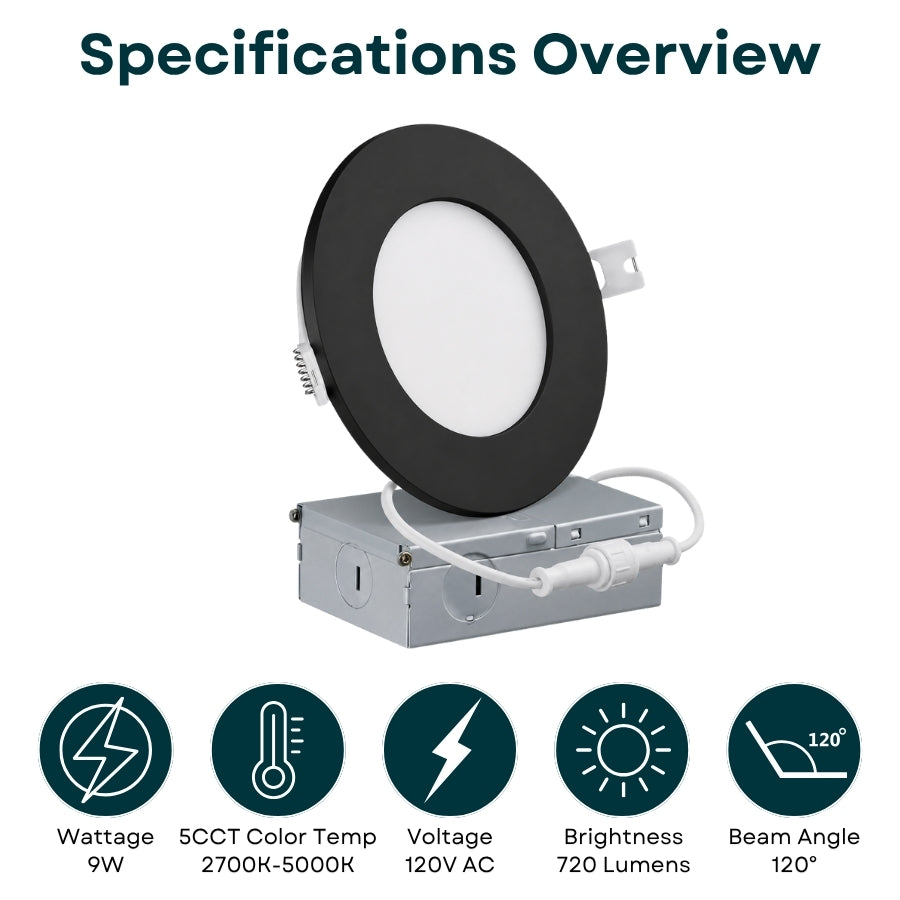 A round recessed LED light fixture shown with its metal junction box on a white background, under the heading 'Specifications Overview.' The fixture has a black outer ring and a white diffuser, with a silver-gray metal box below connected by a white cable.