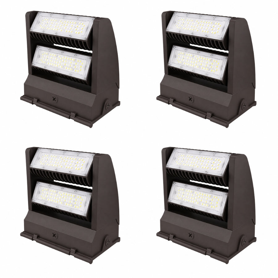 Four-pack of 120W Rotatable LED Wall Pack fixtures with dual adjustable LED modules, 16,200 lumens output, IP65 weatherproof housing, and DLC Premium certification.