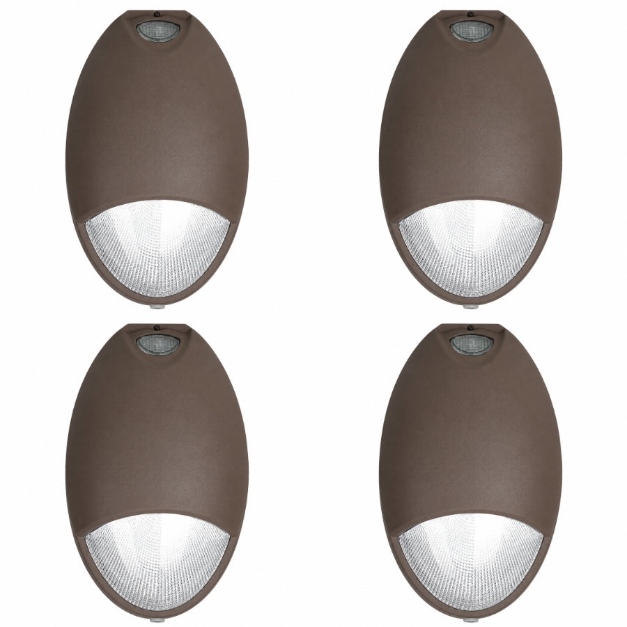 Four-pack of 12W LED Emergency Wall Pack lights with 90-minute battery backup, dusk-to-dawn photocells, and IP65 weatherproof construction for commercial and residential applications.