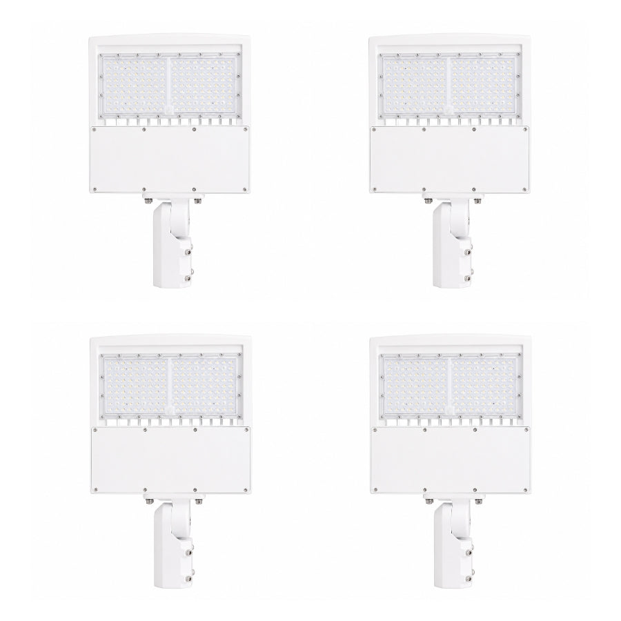 Four-pack 150W LED parking lot lights with white housing, 5000K daylight output, 120-277V voltage, and IP65 waterproof rating for large-scale installations.