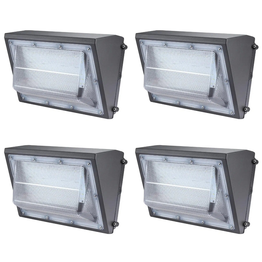 Four-pack of 150W Semi Cutoff LED Wall Pack fixtures with integrated dusk-to-dawn photocells, perfect for commercial buildings, warehouses, parking areas, and exterior security lighting.