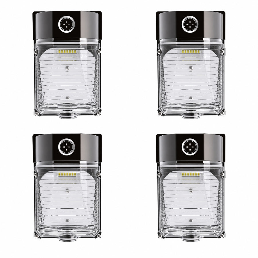Four-pack of 26W LED Mini Wall Pack lights with built-in dusk-to-dawn photocells, 3CCT selectable color temperatures, and DLC Premium commercial performance.