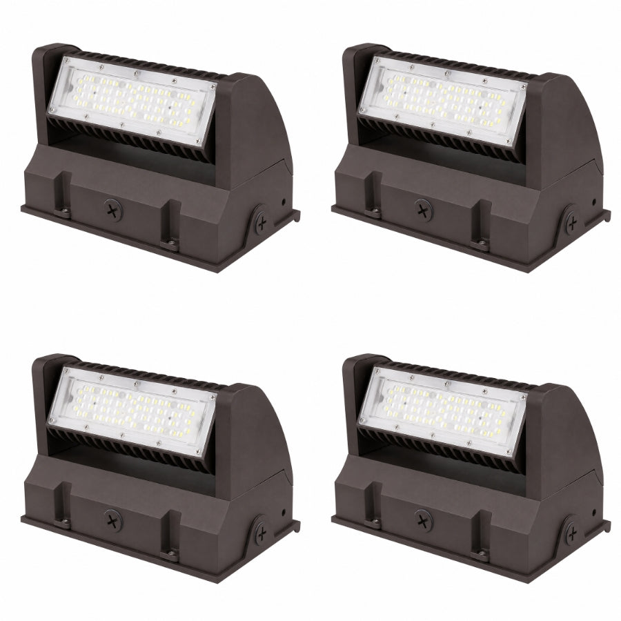 Four-pack of 40W Rotatable LED Wall Pack fixtures with adjustable optics, 5,400 lumens output, and IP65 weatherproof construction for commercial lighting projects.