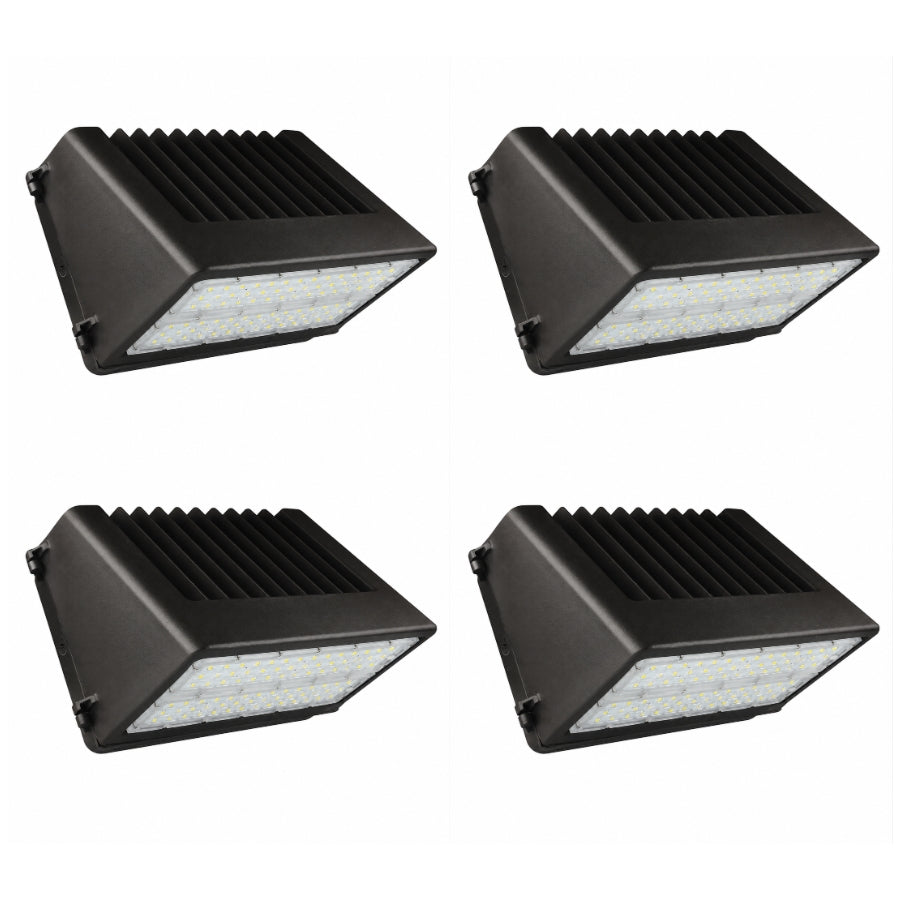 Four-pack of 80W Full Cutoff LED Wall Pack fixtures with built-in dusk-to-dawn photocells, selectable 3000K, 4000K, and 5000K CCT, and IP65 weatherproof construction for commercial installations.