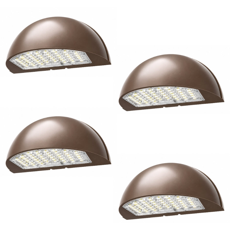Four-pack of LED Half Moon Wall Pack fixtures with selectable wattage, tunable color temperature, integrated photocell, and full-cutoff design for commercial outdoor lighting.