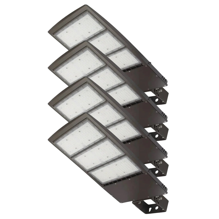 Four rectangular LED outdoor wall lights stacked diagonally, featuring dark bronze metal frames and white diffuser panels, shown on a solid white background.